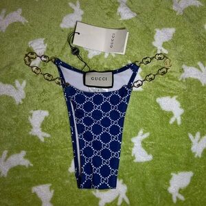 Gucci Blue Logo Bikini Bottom with Gold Chain Straps